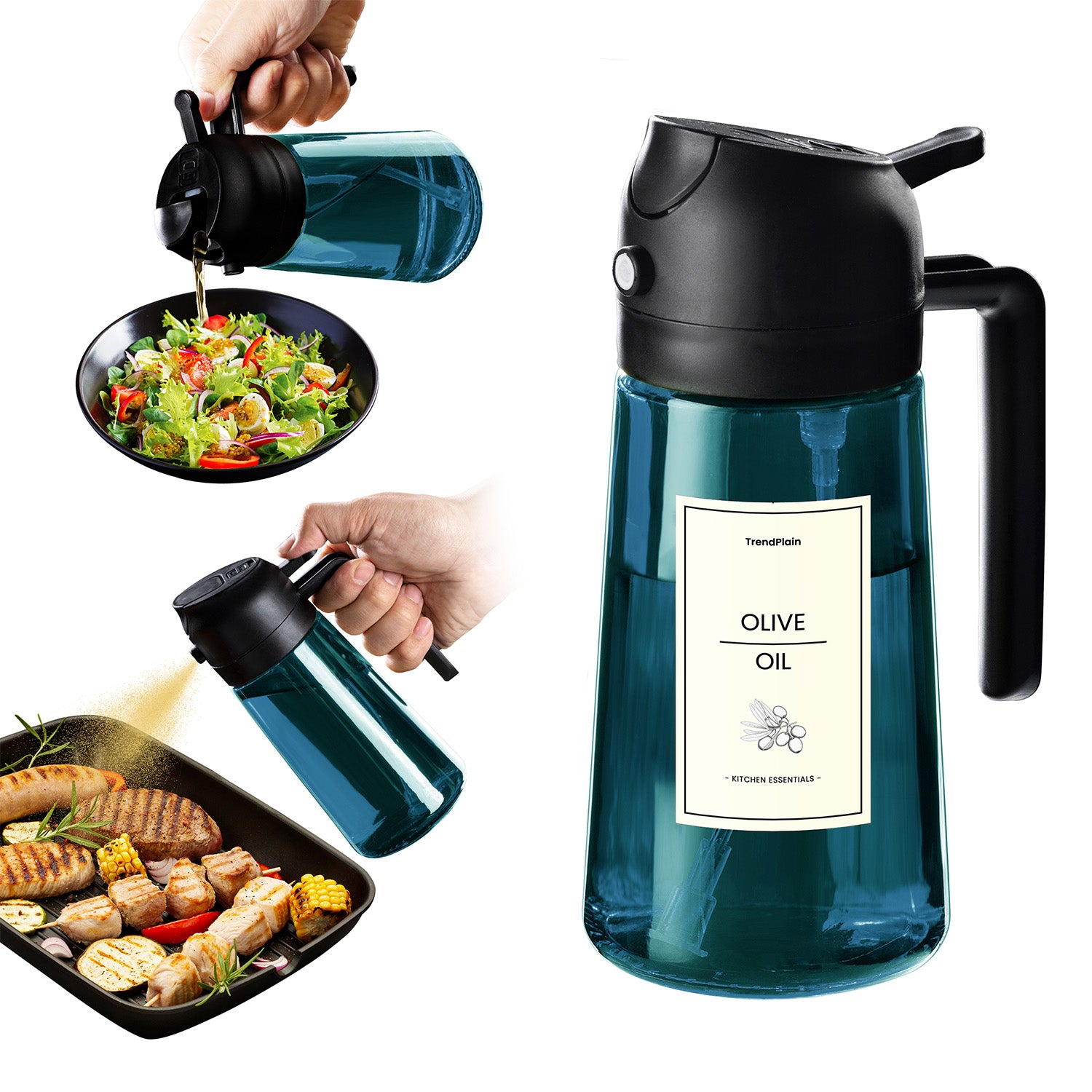 Distributeur d'huile d'olive 2 en 1 en verre bleu de 473 ml (16 oz).